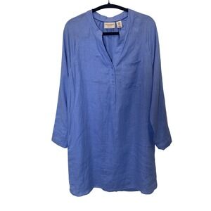 Martha Stewart‎ Linen Tunic Dress Blue Long Sleeve Chic Boho Coastal Minimalist